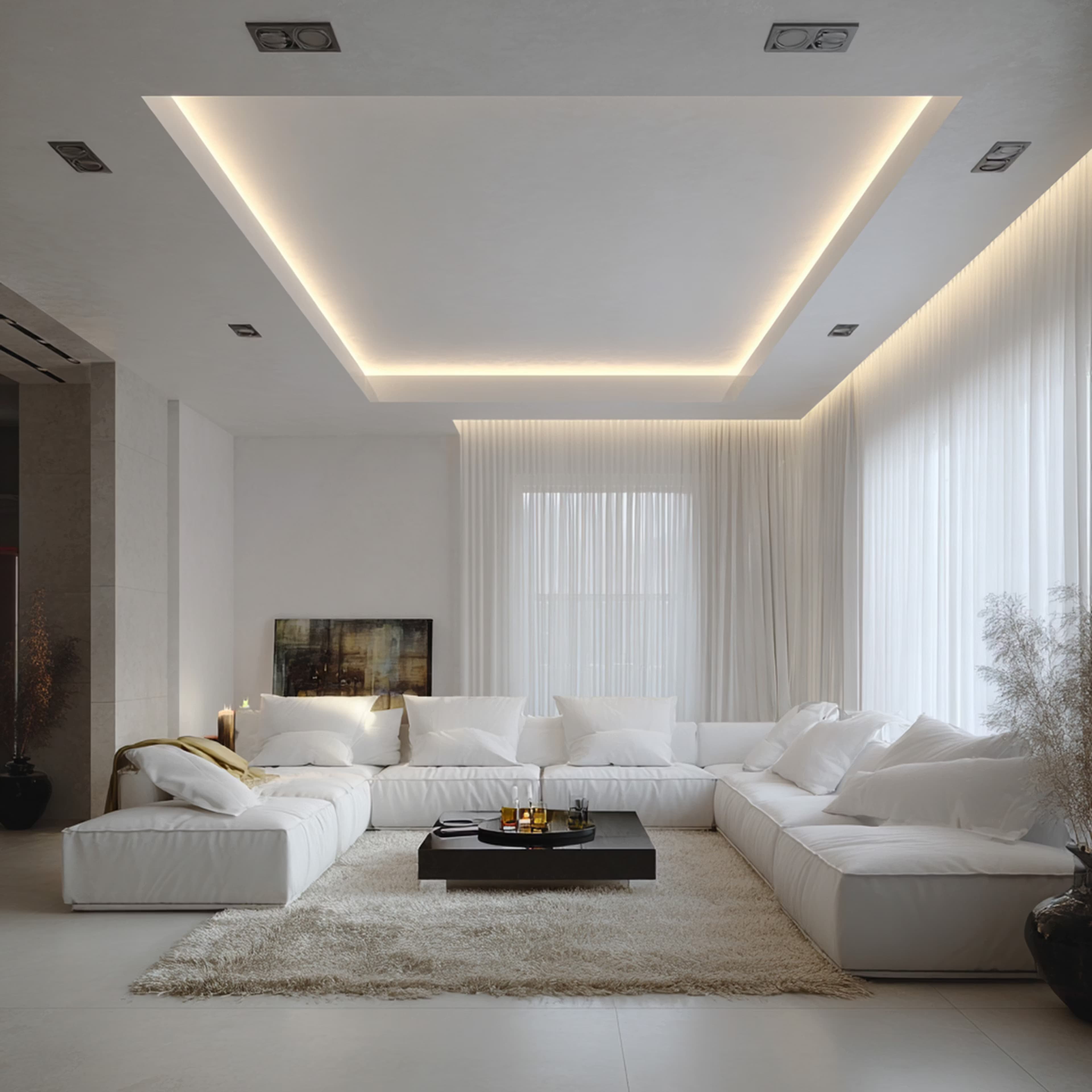Controsoffitto moderno in cartongesso con illuminazione a LED integrata in un soggiorno di lusso
