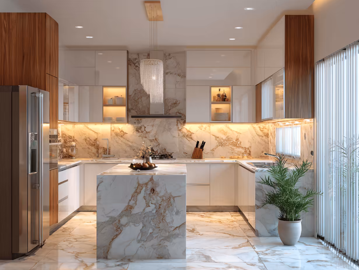 Ristrutturazione di una cucina moderna con impianti nuovi e top in marmo