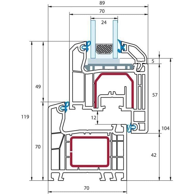 Dettaglio tecnico del profilo di un infisso in PVC con doppio vetrocamera e taglio termico